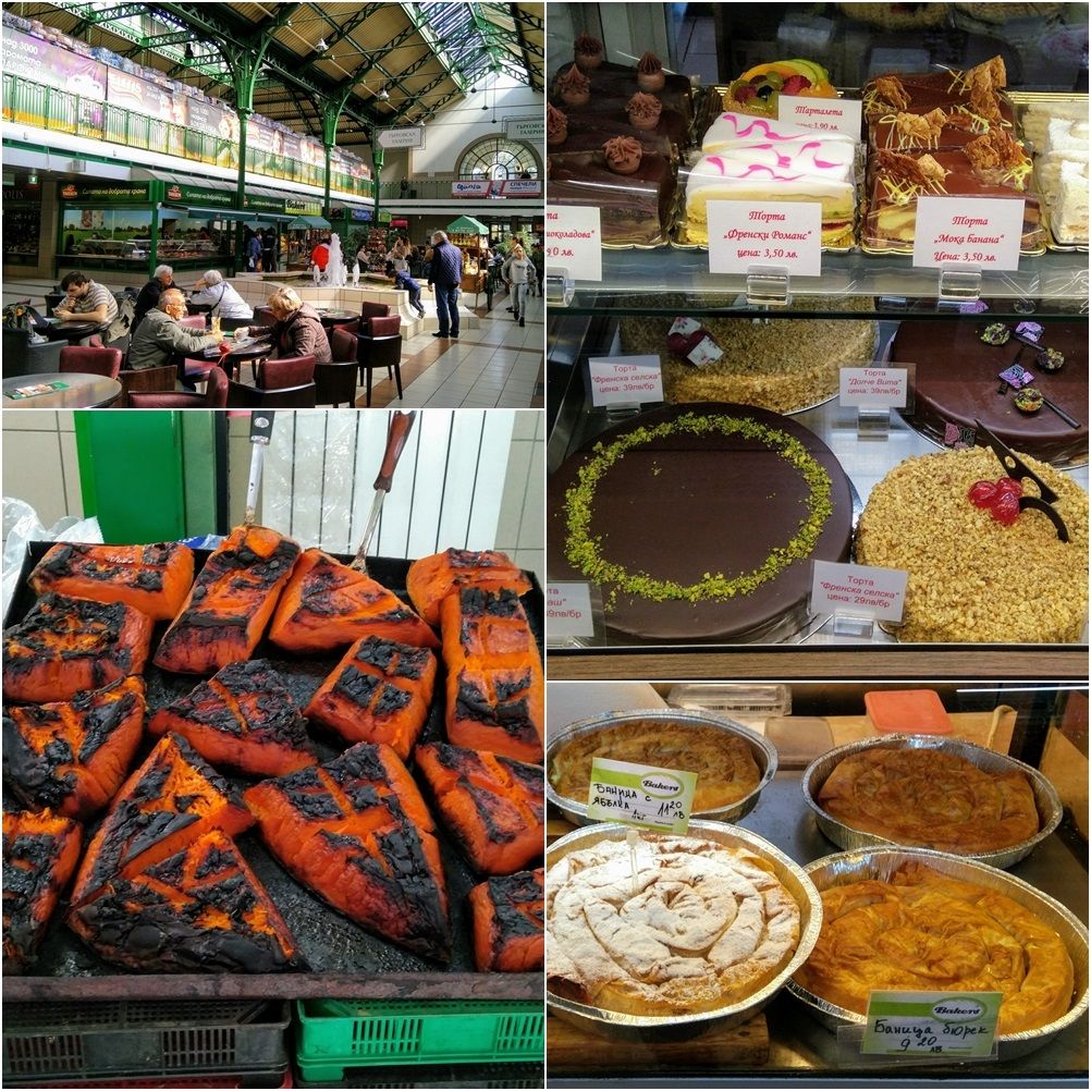 The main hall of Central Market (top left);  roasted pumpkins (bottom left), several yummy cakes and among them the popular 