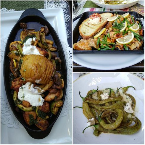 Chicken with courgettes (left),  grilled meat with porcini and field mushrooms (top right),  pan fried green peppers (bottom right).