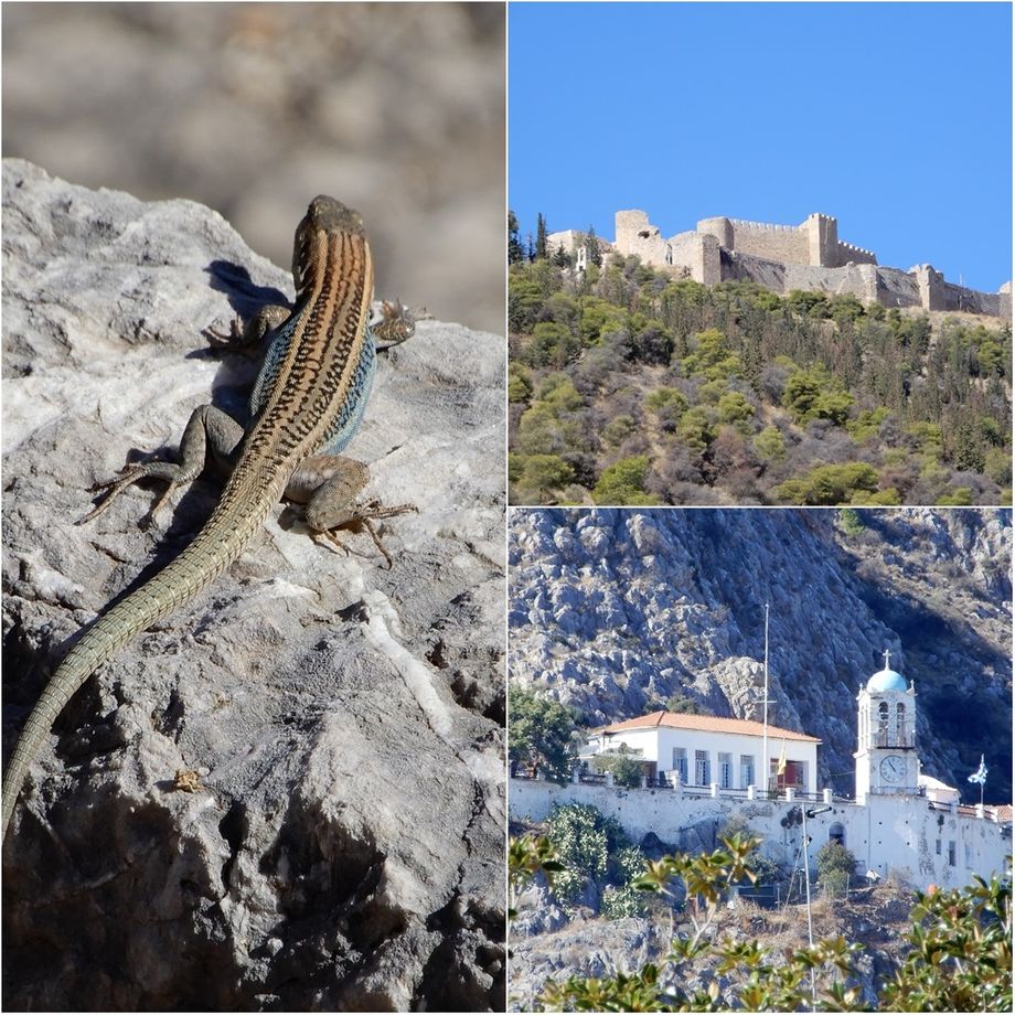 “Larissa Castle” on the top of the hill and  the “Monastery of Panagia Katakekrymmeni” just below it.