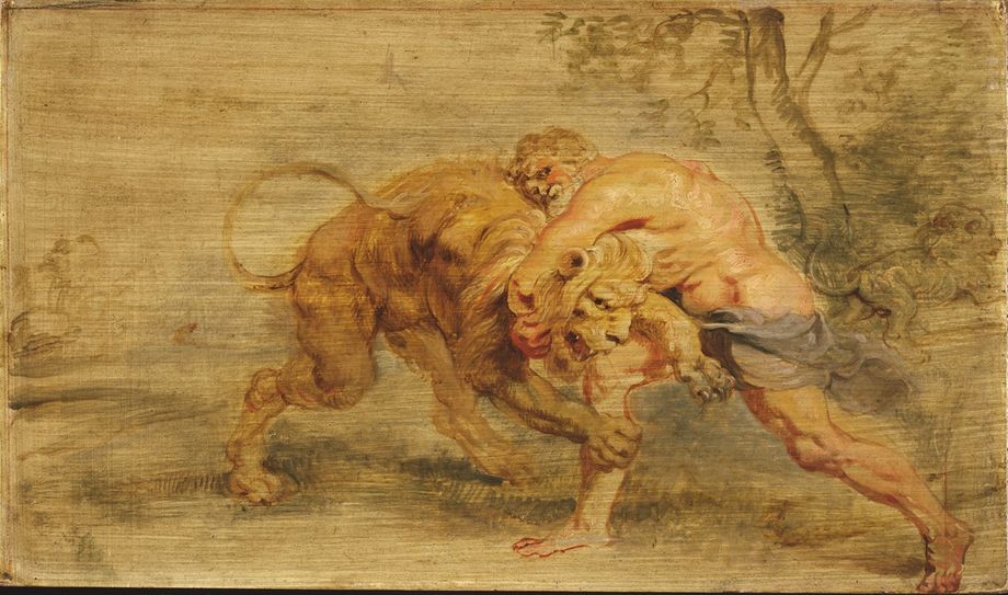 Rubens was a masterful painter of oil sketches, which he used to generate pictorial ideas and display them to his patrons and workshop assistants. This sketch may relate to a commission he received in 1639 for a series of hunting scenes for the Royal Palace in Madrid. It depicts the first of the twelve labors of Hercules: strangling the lion sent by the goddess Hera to menace the region of Nemea. Hercules donned the impenetrable skin thereafter. In Rome, Rubens had drawn studies of the Farnese Hercules — one of the most famous sculptures of antiquity — and the muscular hero, a human who achieved immortality through his deeds, was a favorite subject. Here Rubens emphasizes the confrontation between man and beast. Aside from some impasto in the lion’s mane and in the torso of Hercules, Rubens painted thinly, leaving visible the ground layer, or imprimatura, whose horizontal streaks enhance the impression of swift movement and action.