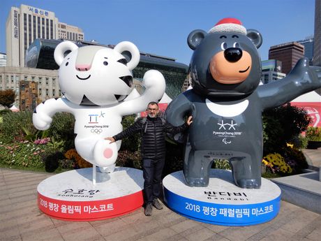 Me with Soohorang (left), the mascot of the 2018 Winter Olympics, and Bandabi (right), the mascot of the 2018 Winter Paralympics