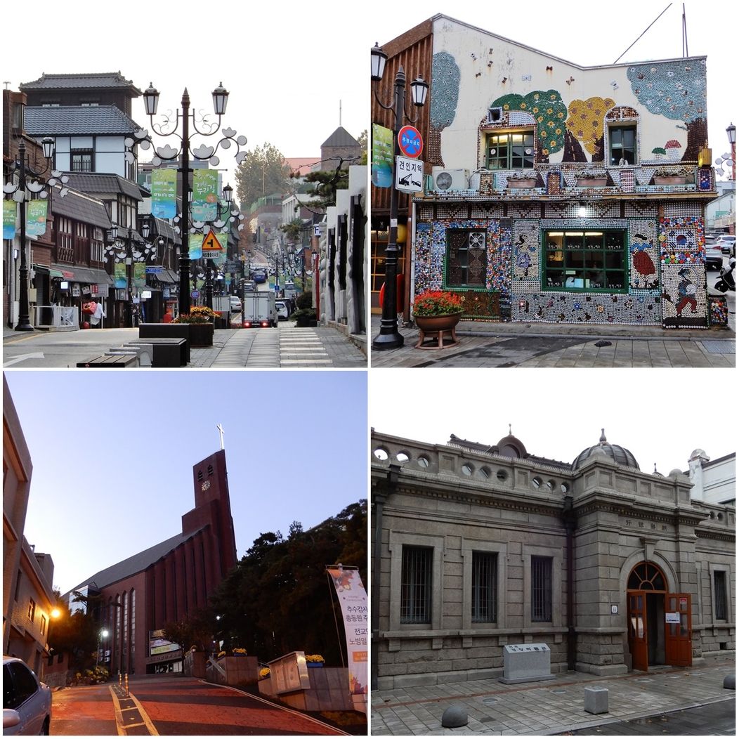 Open Port district.  The gapanese Street (top left), The Naeri Methodist Church (bottom left) and Incheon Open Port Museum (bottom right).
