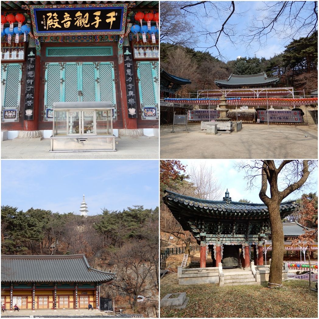 Yeonjuam Hermitage. The Gwaneum-jeon (Top left). The stone pagoda just in front of the main hall (top right). A new marble pagoda seen from the Gwaneum-jeon (bottom left).  The temple bell (bottom right).