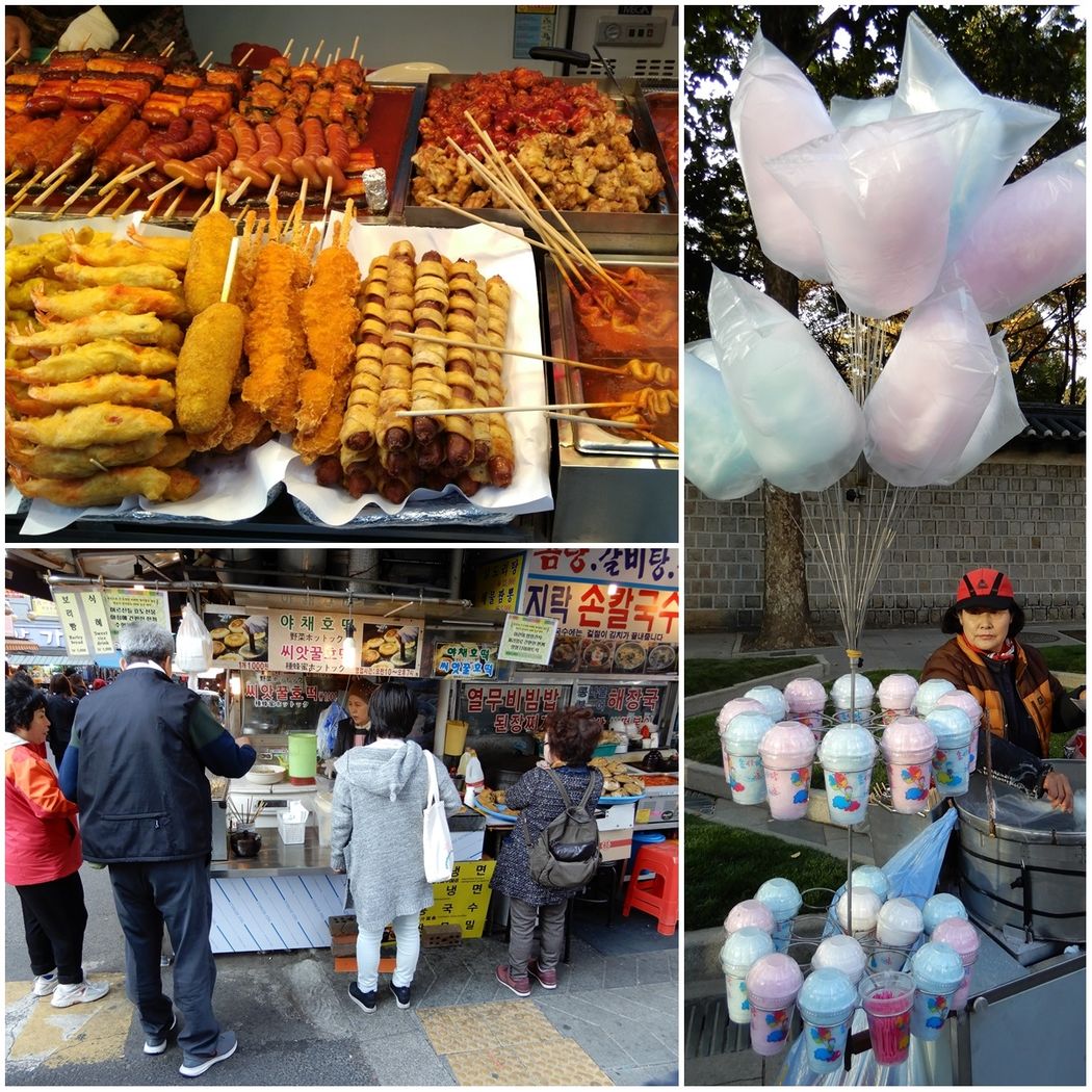 All kind of fried food (top left), Cotton Candy (right), and one of the thousands of street food vendors in Seoul (bottom left).