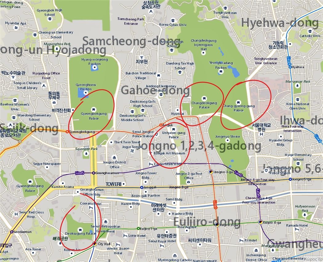 The 5 palaces described bellow are circled in this central Seoul map.