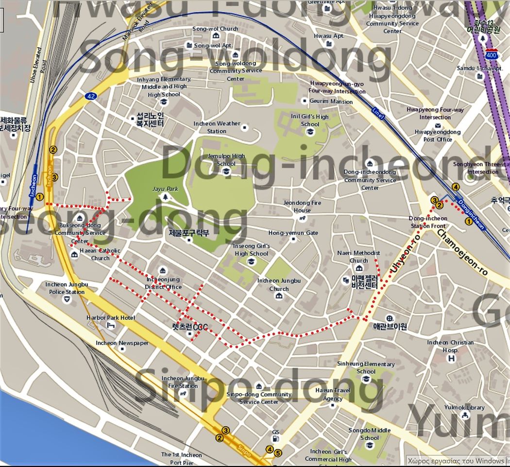 Incheon port.  The area I covered during my visit is marked with red dots.