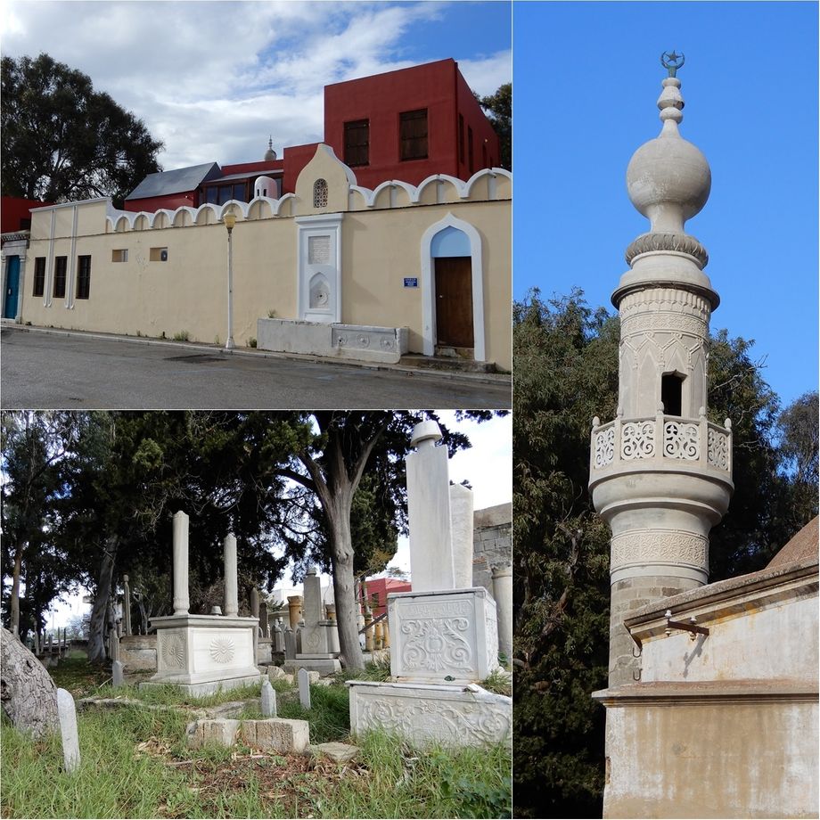The Mourat Reis Mosque:  Tekke Murat Reis ottoman complex entrance (top left), the Ottoman cemetery (bottom) and the minaret (left).