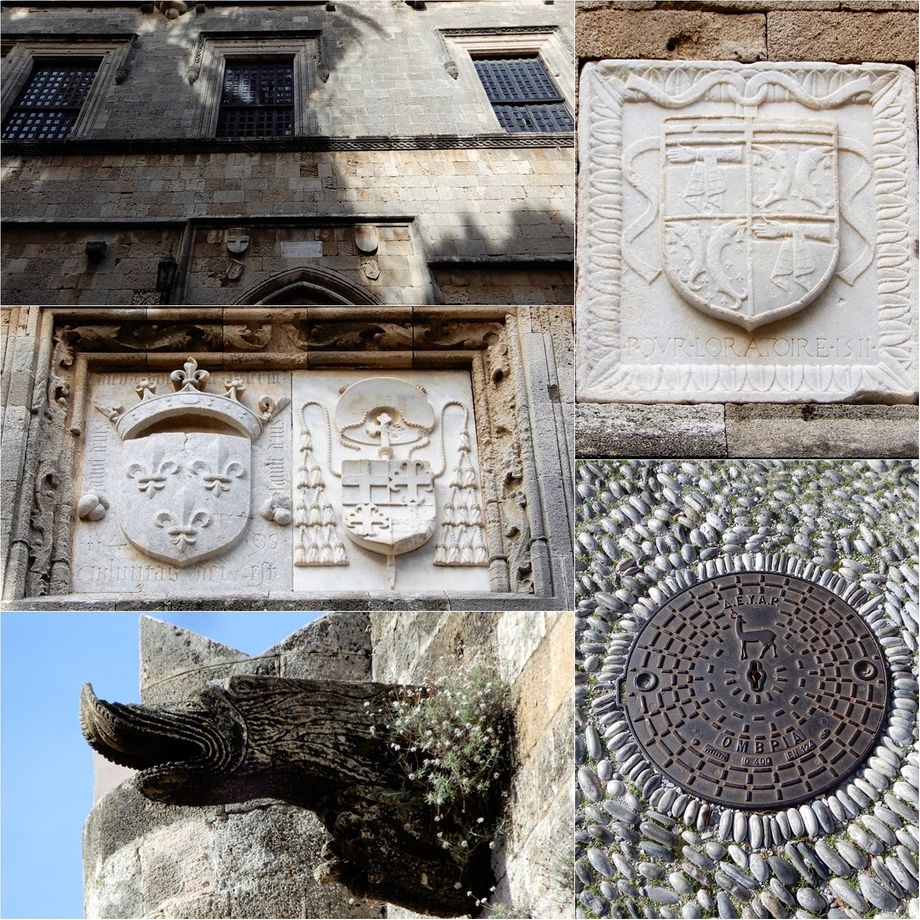 “Auberge de France”:  The facade (top left), Coats of Arms (middle and top right), One of the crocodile gargoyles of the roof  (bottom left).   The symbol of Rhodos, the platoni deer on a drain cover in Odos Ippoton.