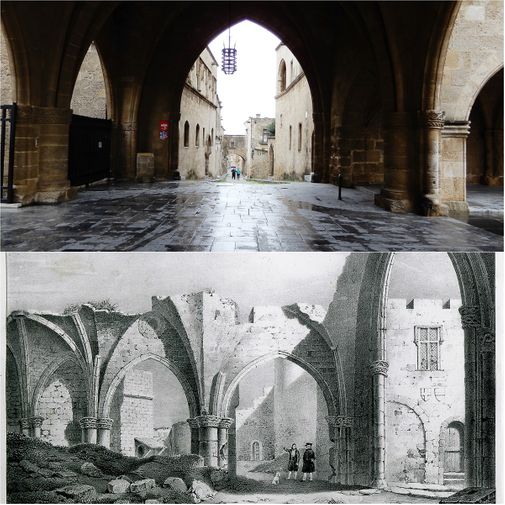 “Saint John Lodge”.  Today, restored (top) and in a 19th c. gravure after an explosion which destroyed it (bottom).