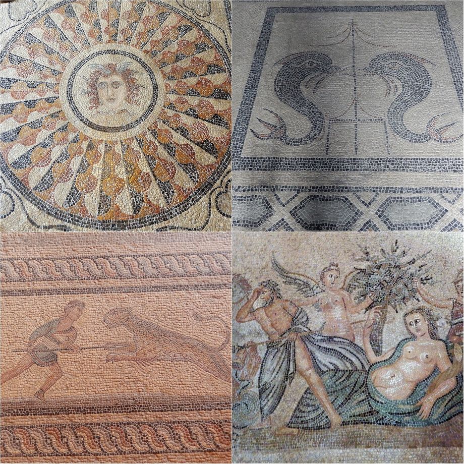 Floor mosaics of late Hellenistic, Roman and Early Christian times have been laid in many of the rooms on the first floor of the Palace, most of them taken from buildings of Kos.