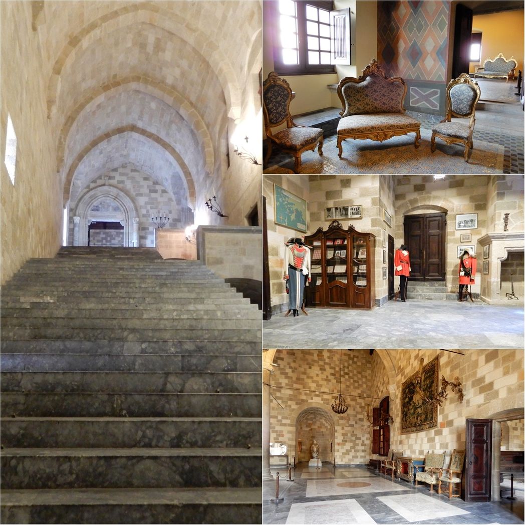 The monumental marble staircase leading up to the first floor of the Palace (left).  Furnished rooms of the Palace (right).