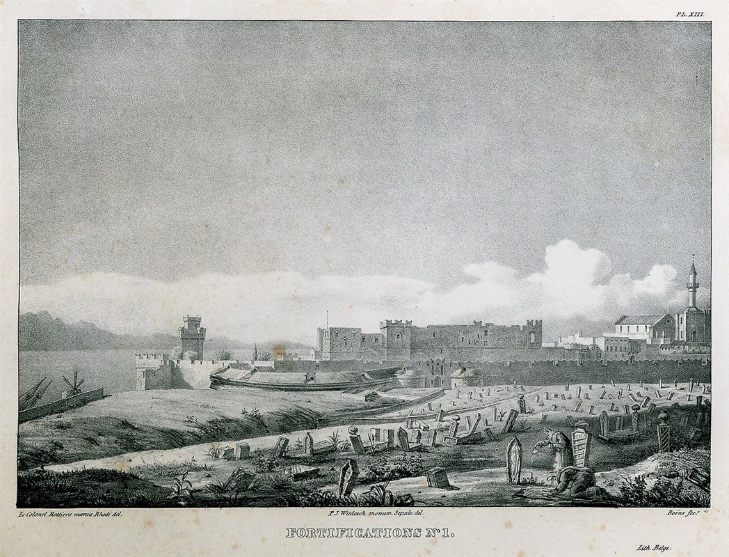 The north-west fortification of Rhodos during the Ottoman era.  In the foreground the Ottoman cemetery and at the background the palace.