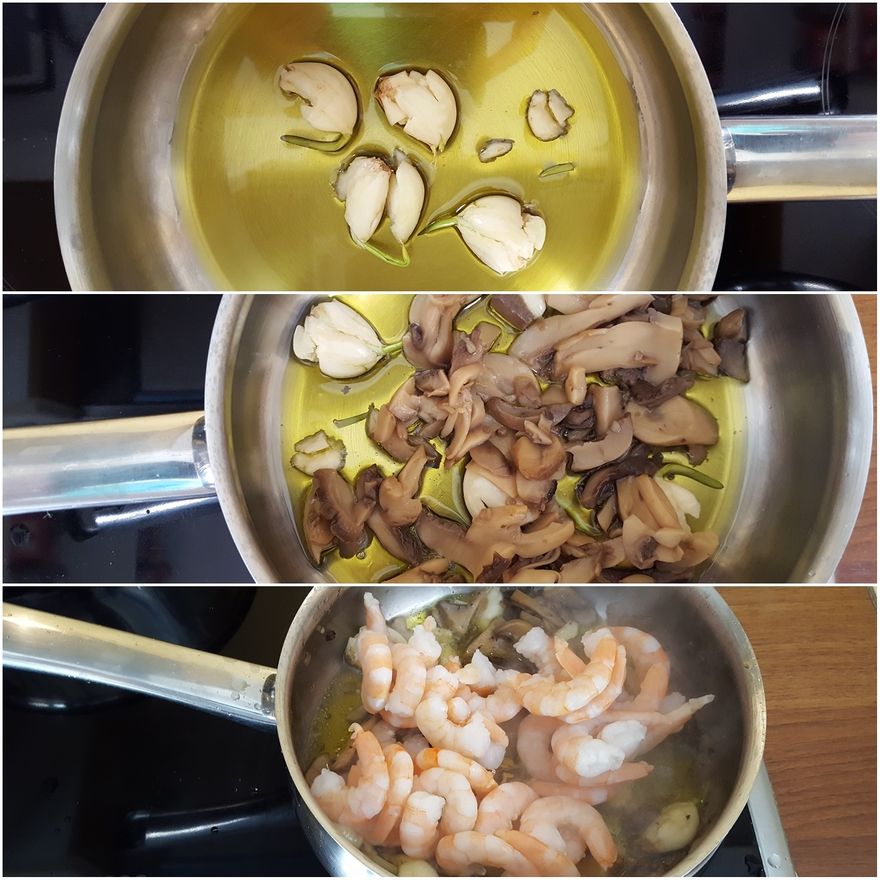 Preparasion 3: Fry the garlic and mushrooms.  Stir in the prawns.