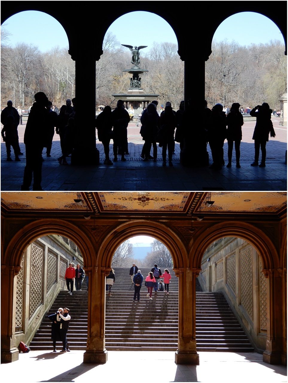 Bethesda Terrace is the heart of Central Park. Bethesda Arcade (bottom) and Bethesda Fountain (top). Here takes place the last seen of the award-winning play and film 