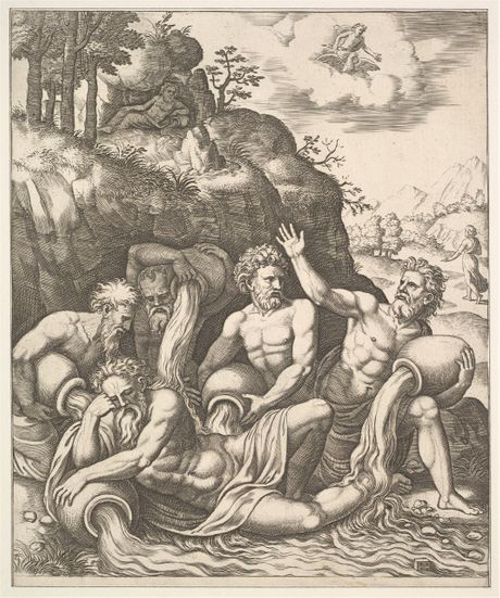 River gods consoling Peneus for the Loss of his Daughter, Daphne (by Master of the Die, 16th century AD).