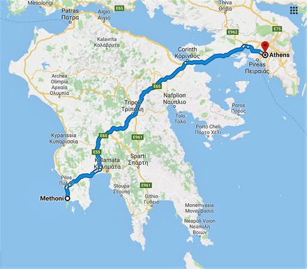 The road from Athens to Kalamata and Methoni.