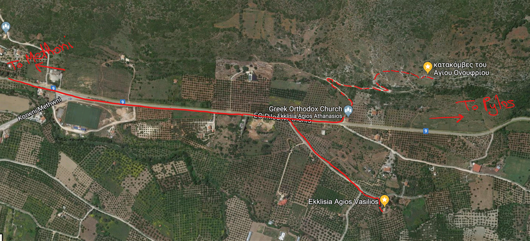 Location of the catacombs and church of St Vassileios, 3km outside Methoni.