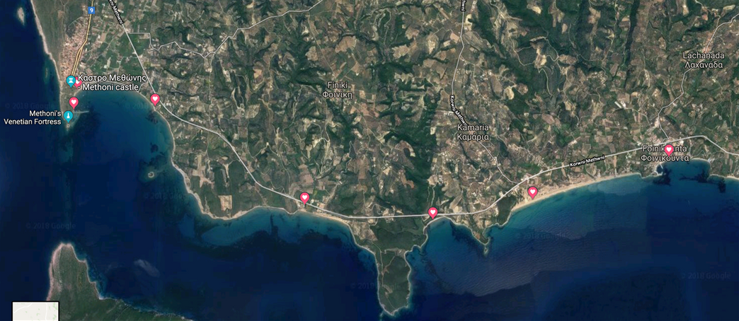 The beaches of Methoni (marked with red hearts), from left to right: Asprades, Dentrakia, Kritika, Lampes, Koumpares, Mavrovounio and Finikounda.
