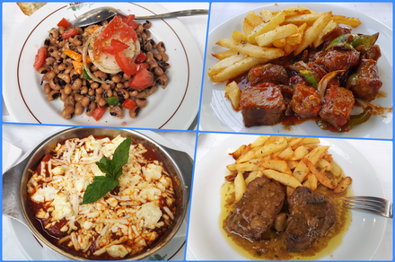 Klimataria Restaurant dishes.  Bean salad with onions and peppers (top left), aubergines in the oven covered with melted cheese (bottom left); beef with rosemary and other herbs (bottom right), beef and pork cuts cooked into tomato sauce (top right).