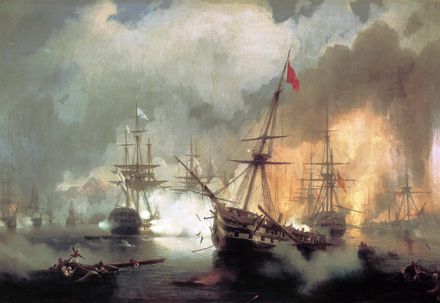 Battle of Navarino, by Ivan Aivazovsky, showing the Russian squadron, in line ahead (left-centre, white flags with blue transversal crosses) bombarding the Ottoman fleet (right, with red flags).