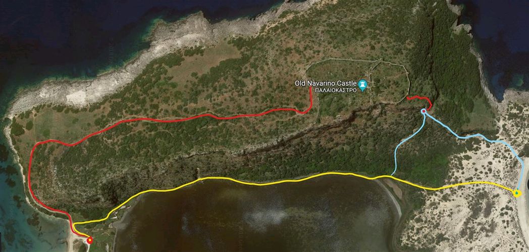 The trails of the Korifasio Hill. The red trails lead to Palaiokastro, the yellow connects Voidokilia to Golden beach and the Azur trails lead to Nestor's Cave.