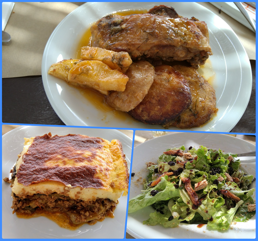 Roasted goat with artichocks (top), mussaka (bottom left) and green salad with figs and Kalamata pasteli (bottom right).