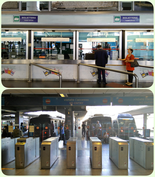 Ticket office and electronic gates to trains (ai treni) in Circumvesuviana Train station at Porta Nolana.