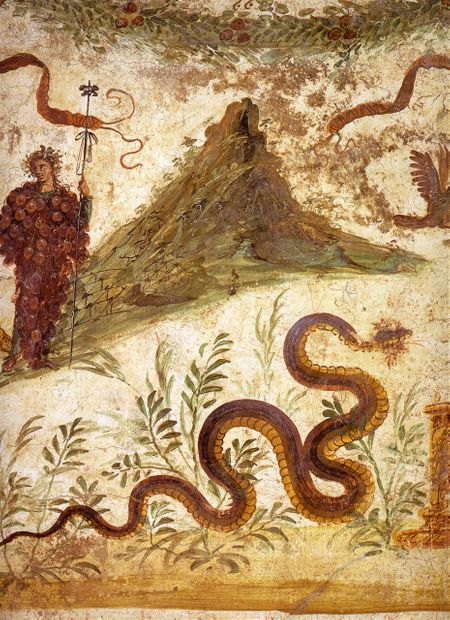 Fresco of Bacchus and Agathodaemon with Mount Vesuvius, as seen in Pompeii's House of the Centenary.
