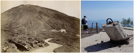 An old picture of the funicular going up to the summit and what is left of it today (right).