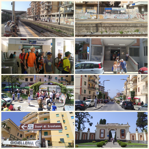 From train station to the Entrance of the archeological site.  Ercolano Scavi station (top 2 pictures); exiting the station and its exit (second row); the little square outside the station & the downhill street Via IV Novembre (third row); there are several signs along the street leading to the arch-entrance (bottom line).