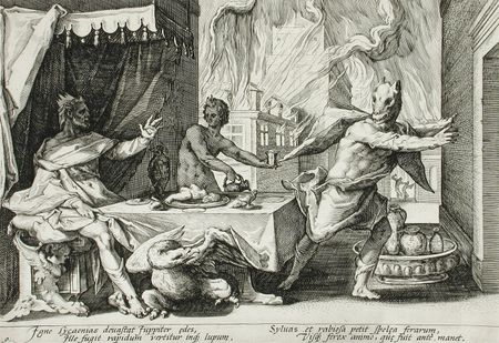 Zeus turning Lycaon into a wolf; engraving by Hendrik Goltzius.