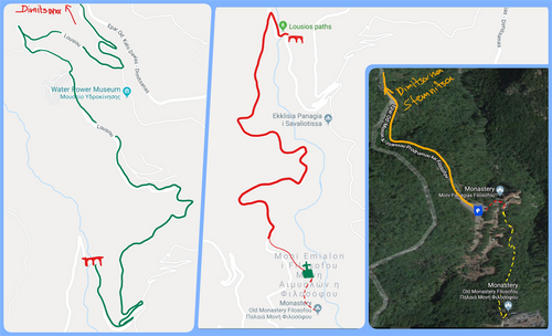 How to arrive to Philosophou Monastery. The first part of the road from Dimitsana to Lousios River (left picture) and the second part from the river to the Monastery (right).  The inserted green photo shows the path from the New to the Old Monastery.