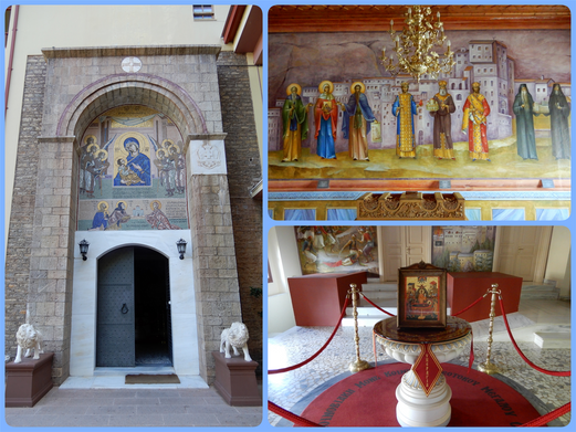 The main entrance to the Monastery (left). Part of the frescos on the meeting hall (top right) and the icon of Virgin Mary standing in a room just after the main entrance.