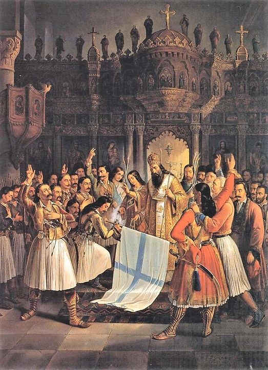 Metropolitan Germanos of Patras blessing the flag of the Greek resistance at Agia Lavra Monastery painting by Theodoros Vryzakis, 1865.