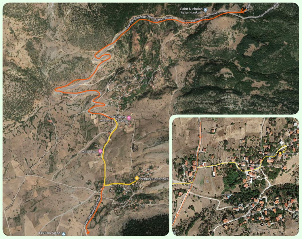 The red line shows the road from Kalavryta to the Lake caves.  The yellow line shows the detour to Kato Lousoi village and the Petmezaion Tower.