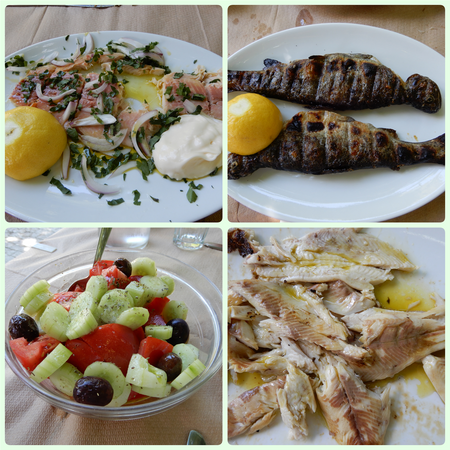 Smoked trout (top left), greek salad (bottom left) and grilled trout (right top/bottom).