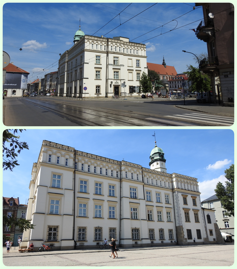 Krakowska Street and the Ethnographic Museum entrance (top). The Wolnica square side of the museum (bottom).