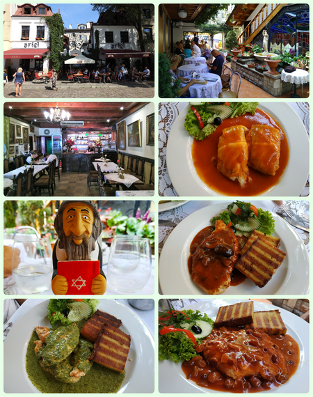 Restaurant Ariel. The main entrance (top left), the patio (top right), one of the rooms (2nd row left), Stuffed cabbage leafes with buckwheat served with tomato sauce (2nd row, right), statue souvenir made of wood (3rd row left), Breast of chicken sauteed in plum and mushroom sauce, served with latkes (3rd row right), Grilled chicken fillets served with cheese and spinach sauce served with latkes (bottom left) and Turkey fillet with almonds and raisins sauce served with latkes (bottom right).
