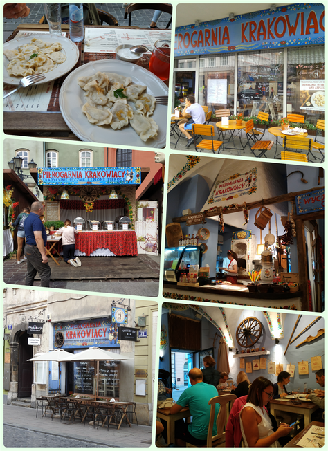“Pierogarnia Krakowiacy”. Savory pierogi (top left). The store at Westerplatte St (top right). A kiosk at a street fair (middle left). Inside the shop in Szewska St (middle right/bottom right). Outside the Szewska store (bottom left).