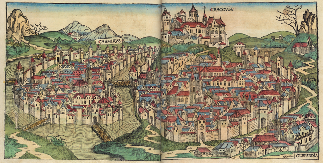 Medieval Krakow (right), Wawel Hill (top) and Kazimierz island (left) from the Nuremberg chronicles - by Hartmann Schedel.