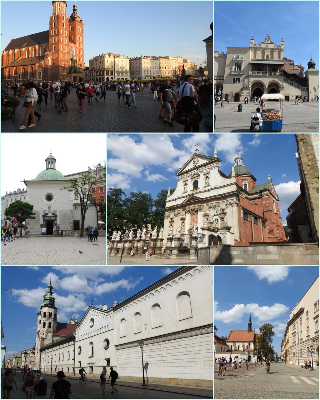 The Royal Road in pictures – Part 2.  From top to bottom and from left to right: St. Mary's Basilica, Sukiennice, the Church of St. Wojciech, the Church of Saints Peter and Paul, Grodzka street and the square at the foothills of Wawel Hill.
