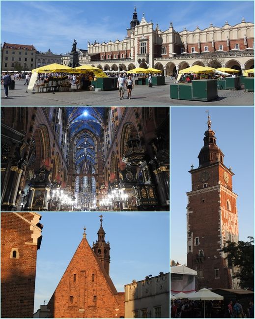 Sukiennice (top). The interior of St. Mary's Basilica (middle left). Church of St. Barbara (bottom left). Town Hall Tower (bottom right).