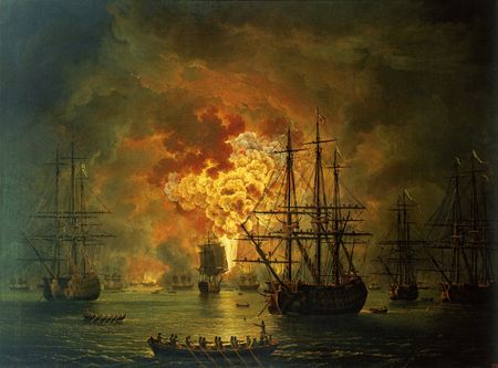 Destruction of the Turkish Fleet in the Bay of Chesma. Jacob Philipp Hackert, 1771.  (The Hermitage, St. Petersburg).