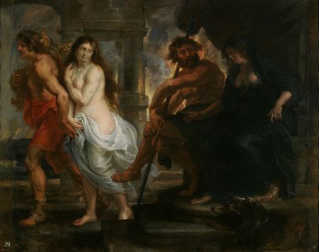 Orpheus and Eurydice by Rubens (1636-1638). Orpheus descends into the Underworld to recover his wife, Eurydice. Pluto and Proserpina, the god and goddess of the underworld, are so moved by the music of his lyre that they accede to his request. On the right of the picture are Pluto and Proserpina and below them is Cerberus.