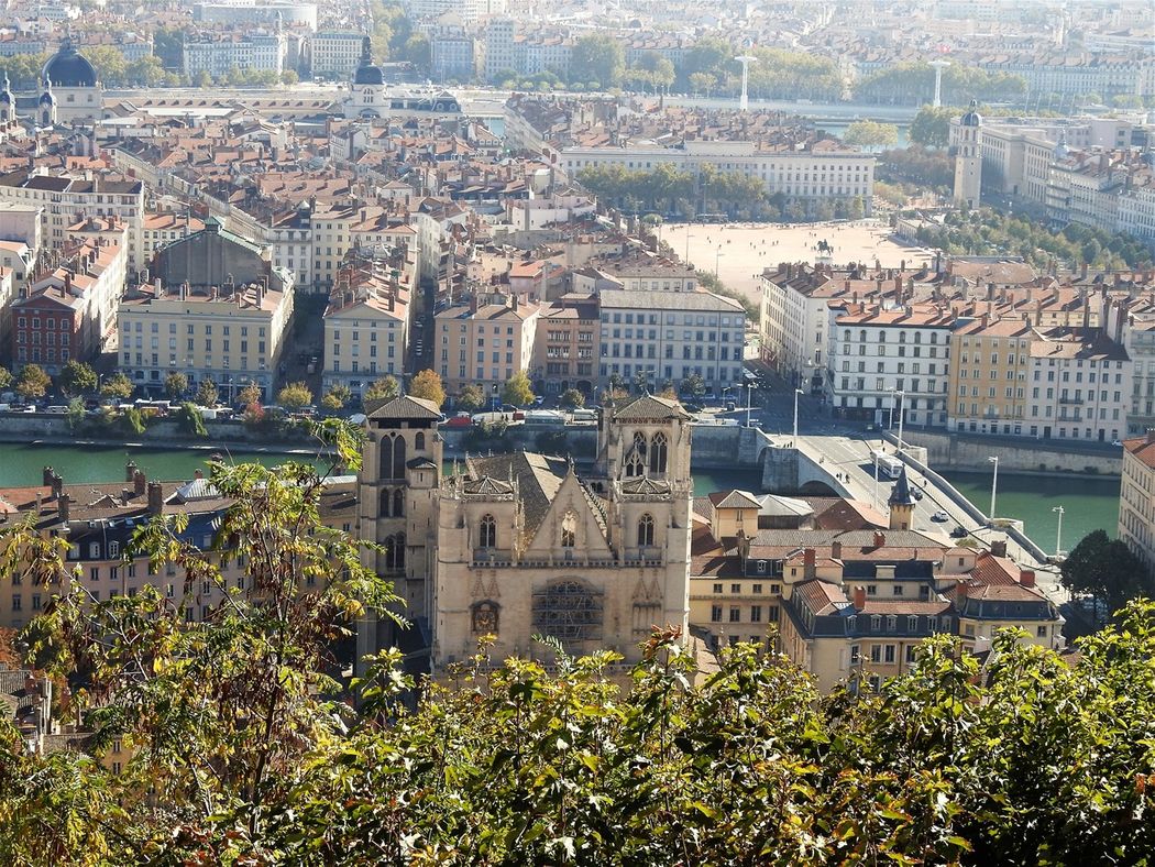 Presqu'île and Place Bellecour, located between the two rivers, seen from Fourvière Hill.