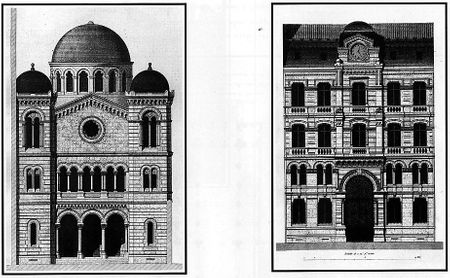 Plan of architect of the Grande synagogue : the facade on the courtyard (left), the facade on the street (right). Lithograph by Lebel after Abraham Hirsch.