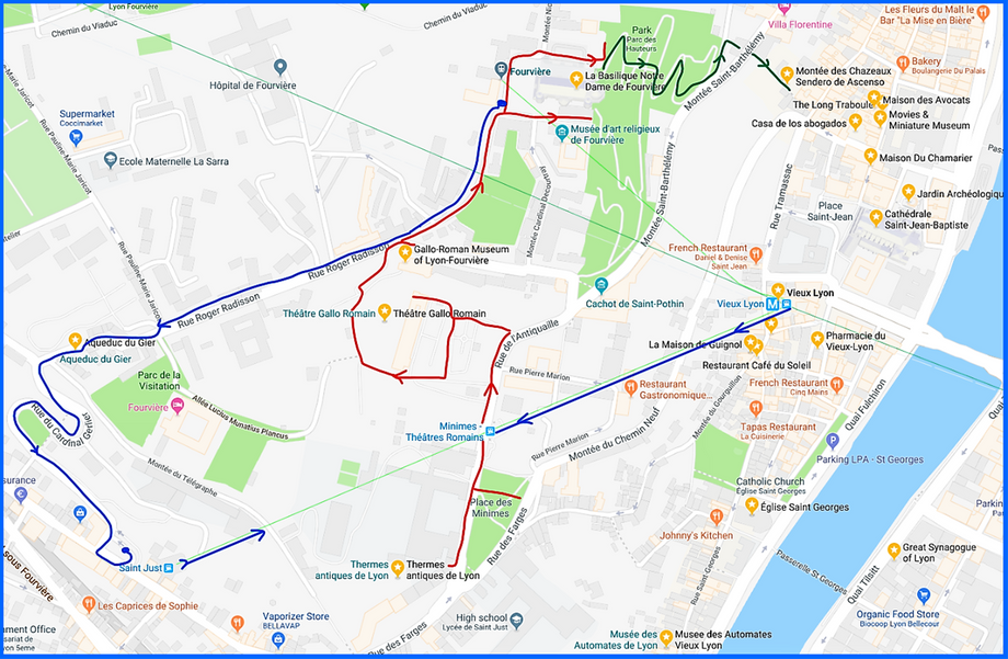 A walk at Fourvière Hill (red line).  Bus/funicular transfers (blue lines). On foot transfer (green line).