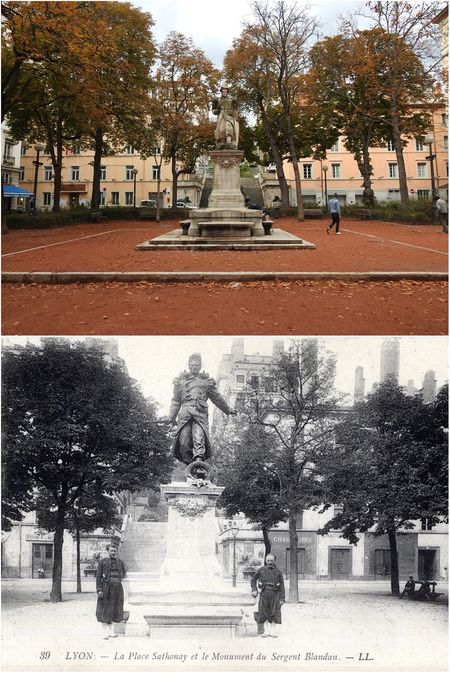 The statue of Jean Pierre Hippolyte Blandan in the middle of Place Sathonay, (now and then).