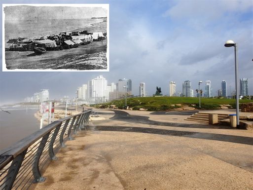 The main picture shows the landing place as it is today (where the Etzel Museum stands today). The small black and white picture shows the same beach the days after the settlers have just arrived in 1886.