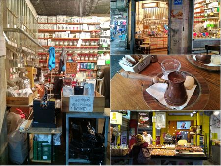 Carmel Market. “Coffee at the market” (left & top right). Arab coffee at 'Amalia Café' (middle right).